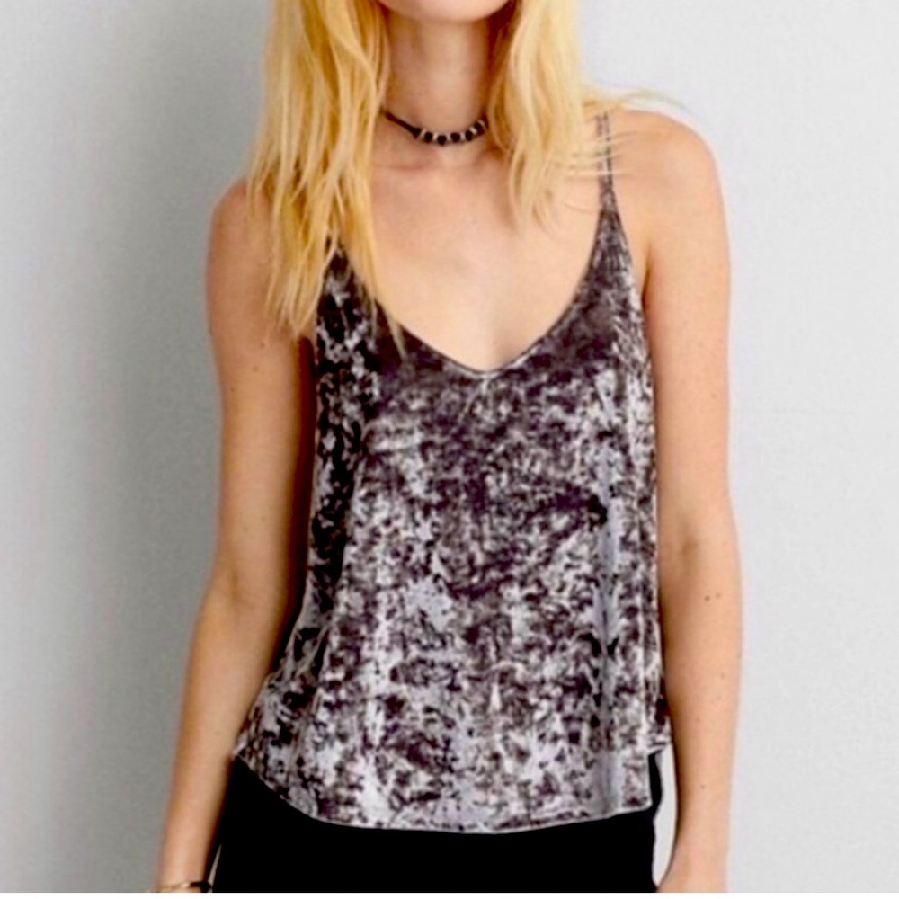 AEO Crushed Velvet Gray Silver Top Size XS